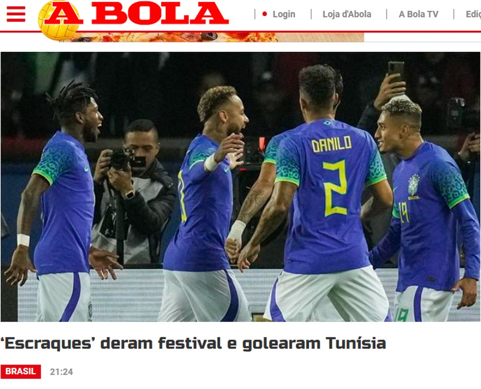 Jornal "A Bola" destaca atuação do Brasil contra a Tunísia — Foto: Reprodução
