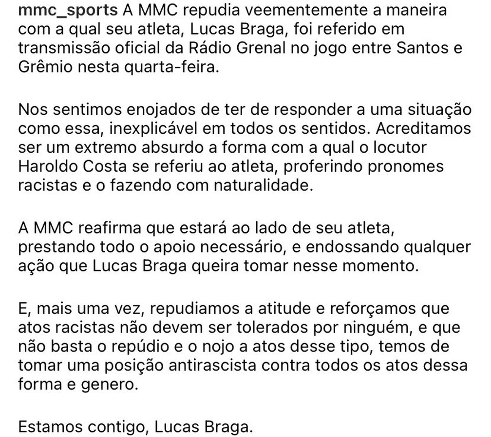 Empresa que cuida de carreira de Lucas Braga repudia comentário racista — Foto: Reprodução