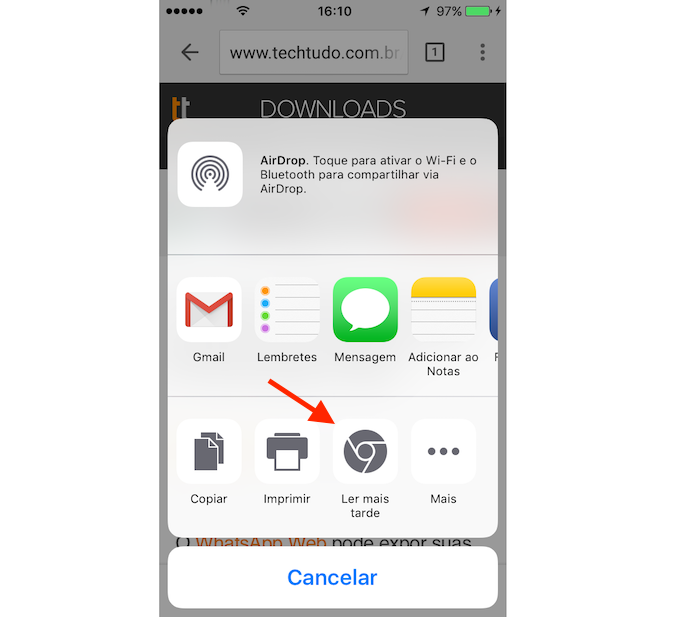 Opção do Chrome para iPhone que permite salvar links para ler mais tarde (Foto: Reprodução/Marvin Costa)