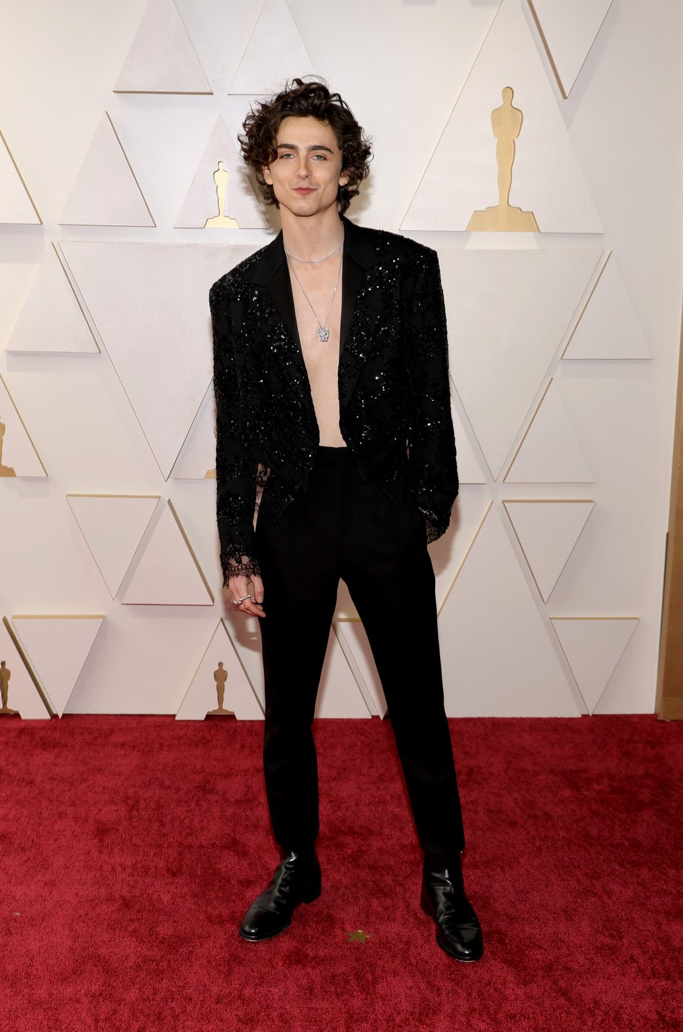 Timothée Chalamet no Oscar 2022 — Foto: Mike Coppola/Getty Images