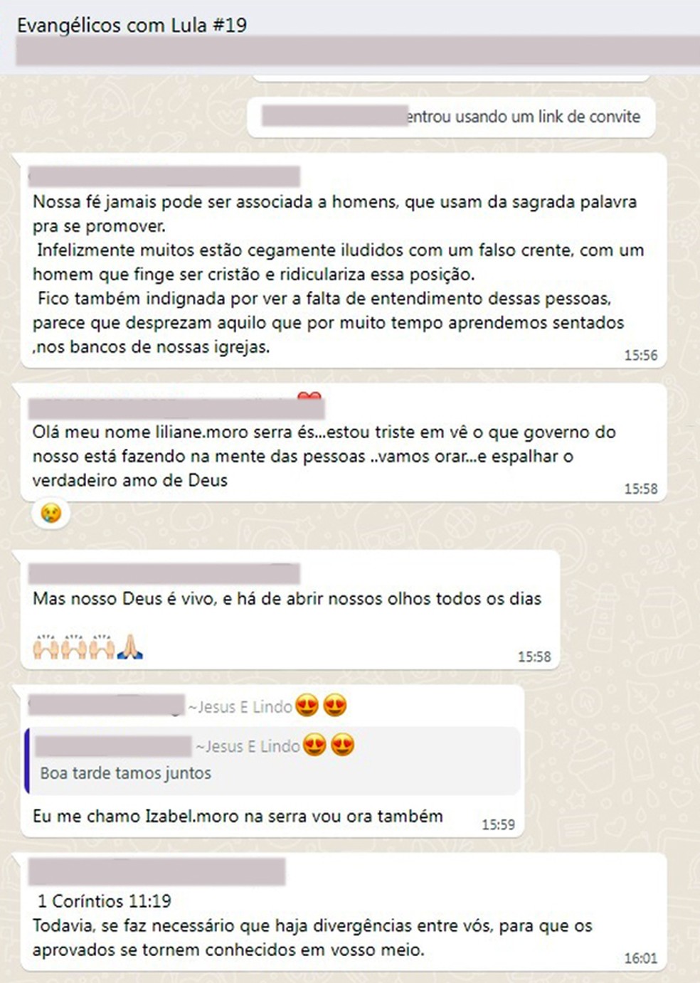 Mensagem em grupo de Whatsapp de evangÃ©licos prÃ³-Lula â Foto: ReproduÃ§Ã£o