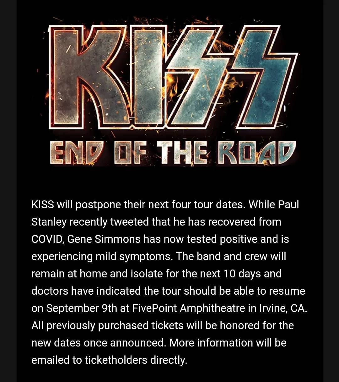 O recado no Instagram do Kiss sobre o adiamento de shows da banda devido ao teste positivo de Covid-19 de Gene Simmons (Foto: Reprodução Instagram)