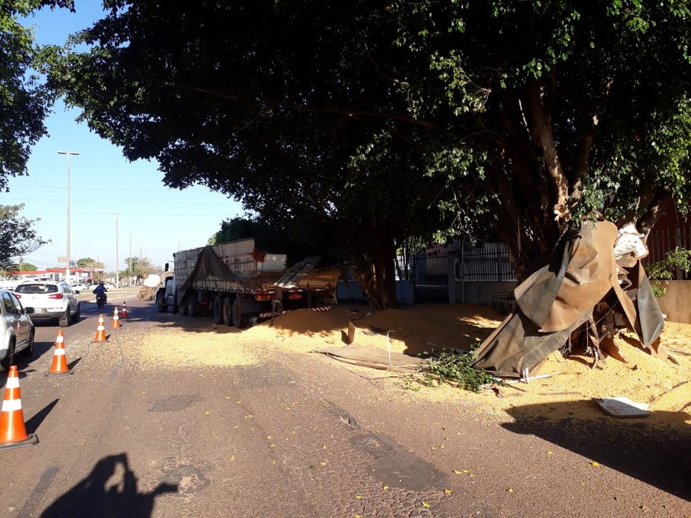 Parte da carreta ficou presa na árvore — Foto: Emerson Sanchez/TV Centro América