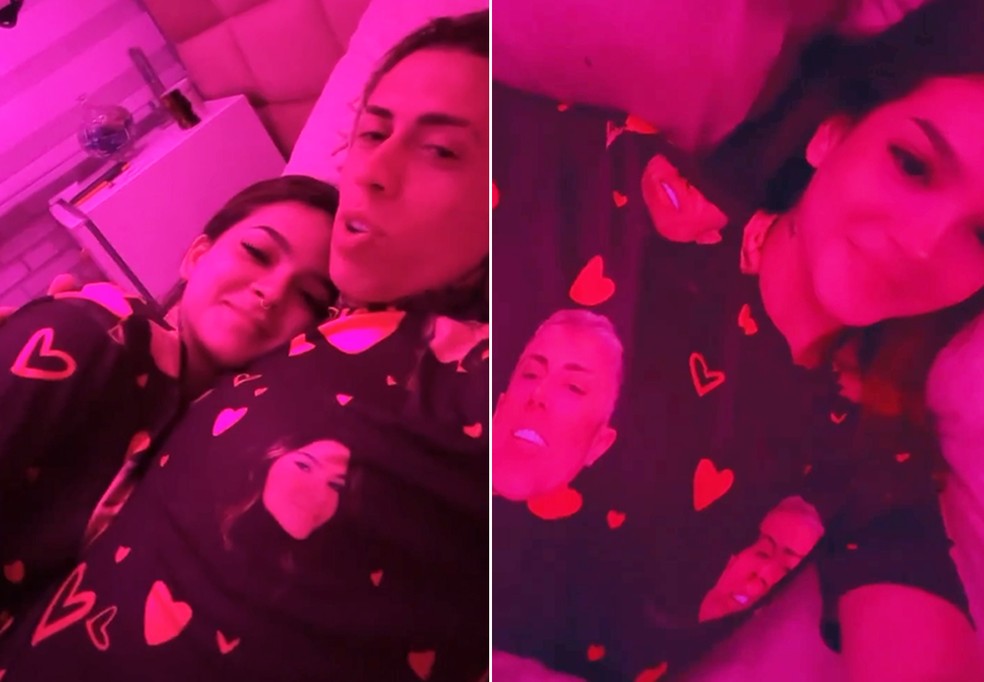 Mel Maia e MC Daniel usam pijamas com rosto um do outro estampado &mdash; Foto: Reprodu&ccedil;&atilde;o/Instagram