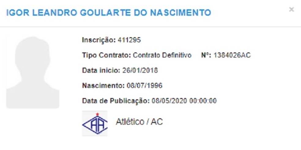 Nome de Igor Goulart é publicado no BID como jogador dao Atlético-AC — Foto: Reprodução/BID da CBF
