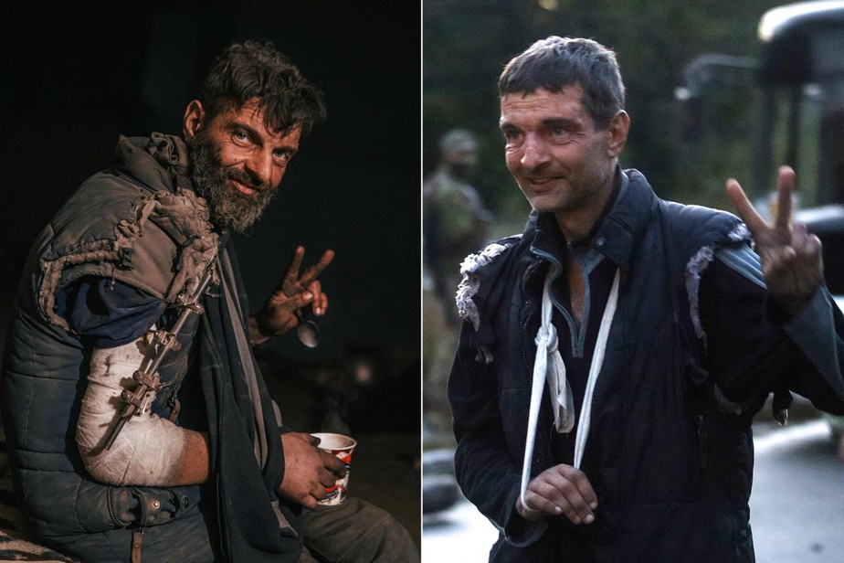 Soldado Mykhailo Dianov antes e depois de ficar quatro meses em cativeiro russo