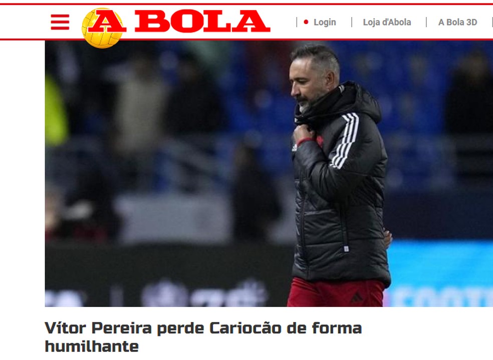 Jornal "A Bola" diz que V&iacute;tor Pereira perdeu o Carioca de maneira humilhante &mdash; Foto: Reprodu&ccedil;&atilde;o
