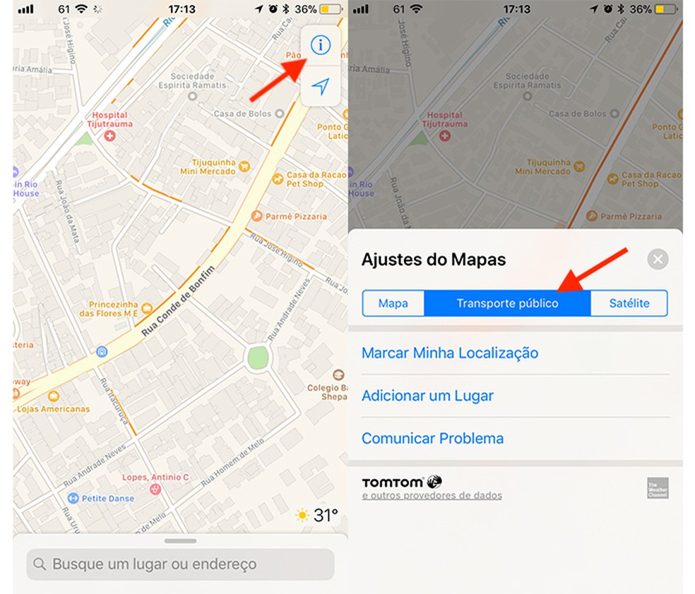 Ação para visualizar informações sobre transporte público no Apple Maps (Foto: Reprodução/Marvin Costa)