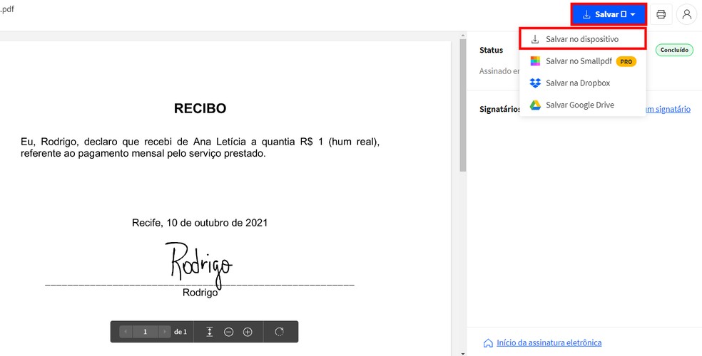 Small PDF permite baixar o arquivo PDF assinado para o PC ou enviar para serviços de nuvem — Foto: Reprodução/Rodrigo Fernandes