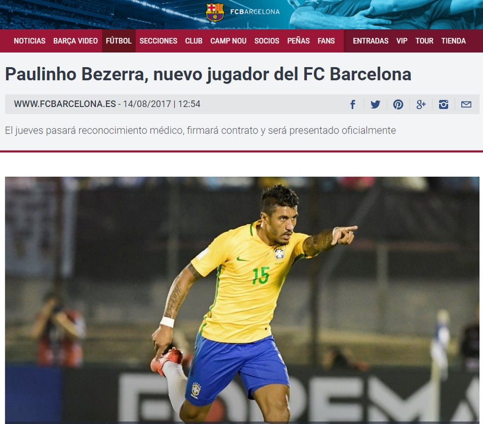Paulinho é anunciado pelo site oficial do Barcelona (Foto: Reprodução)