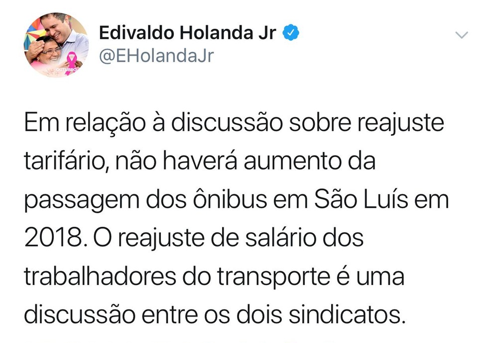 Prefeito de SÃ£o LuÃ­s se manifestou por meio de rede social e descartou aumento de tarifa na passagem dos Ã´nibus â€” Foto: DivulgaÃ§Ã£o/ReproduÃ§Ã£o Twitter