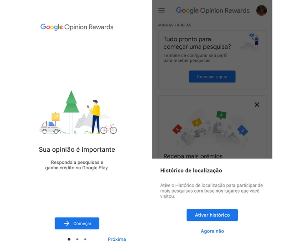 Google Opinion Rewards pede histórico de localização no primeiro acesso  — Foto: Reprodução/Mariana Tralback