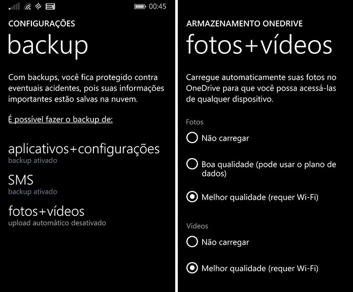 Backup de fotos e vídeos do Windows Phone funciona bem integrado ao sistema (Foto: Reprodução/Elson de Souza)