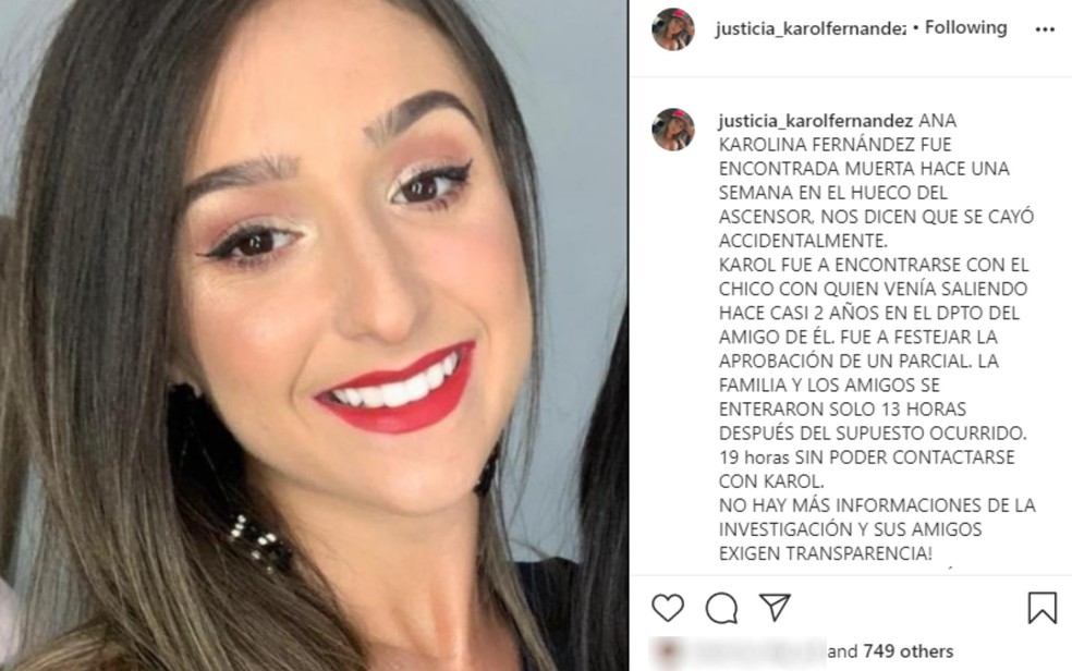 Publicação do perfil que pedia justiça pela morte da brasileira estudante de medicina em Buenos Aires — Foto: Reprodução/Instagram