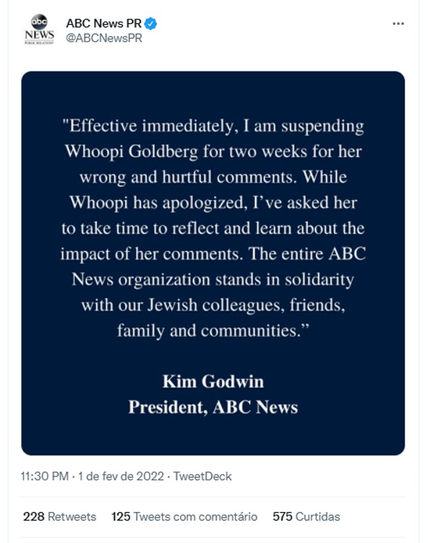 Emissora ABC suspende Whoopi Goldberg após comentários polêmicos sobre Holocausto (Foto: Reprodução/Twitter)