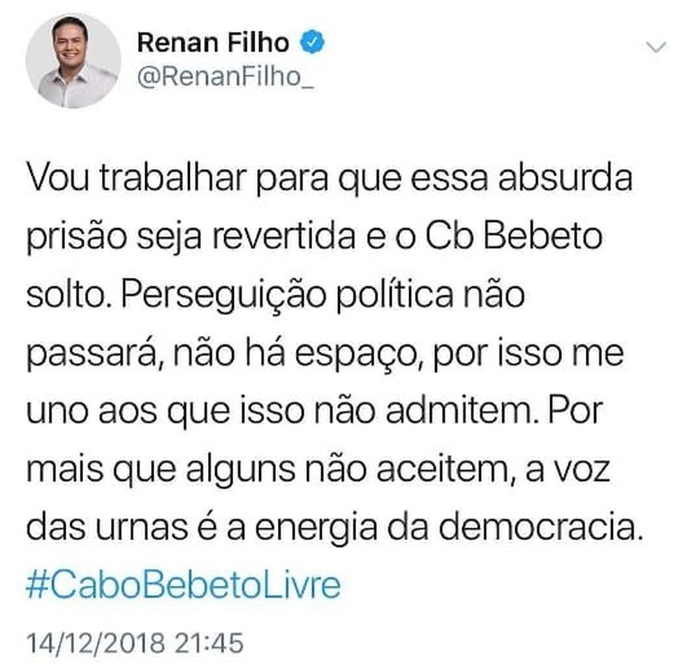 Postagem do governador Renan Filho sobre a prisão do cabo Bebeto — Foto: Reprodução/ Twitter