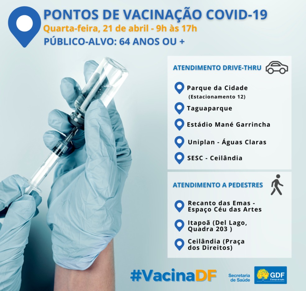 Locais de vacinação nesta quarta-feira (21), aniversário de Brasília — Foto: Secretaria de Saúde do DF (SES-DF) / Reprodução