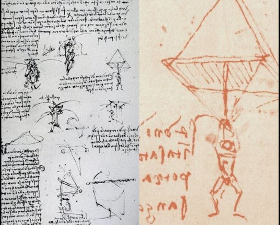 Esboço de Leonardo da Vinci mostra paraquedas piramidal — Foto: Reprodução