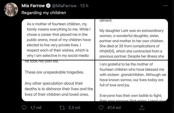 O posr de Mia Farrow falando dos filhos que morreram e ela optou por remover suas imagens no documentário Farrow V Allen (Foto: Twitter)