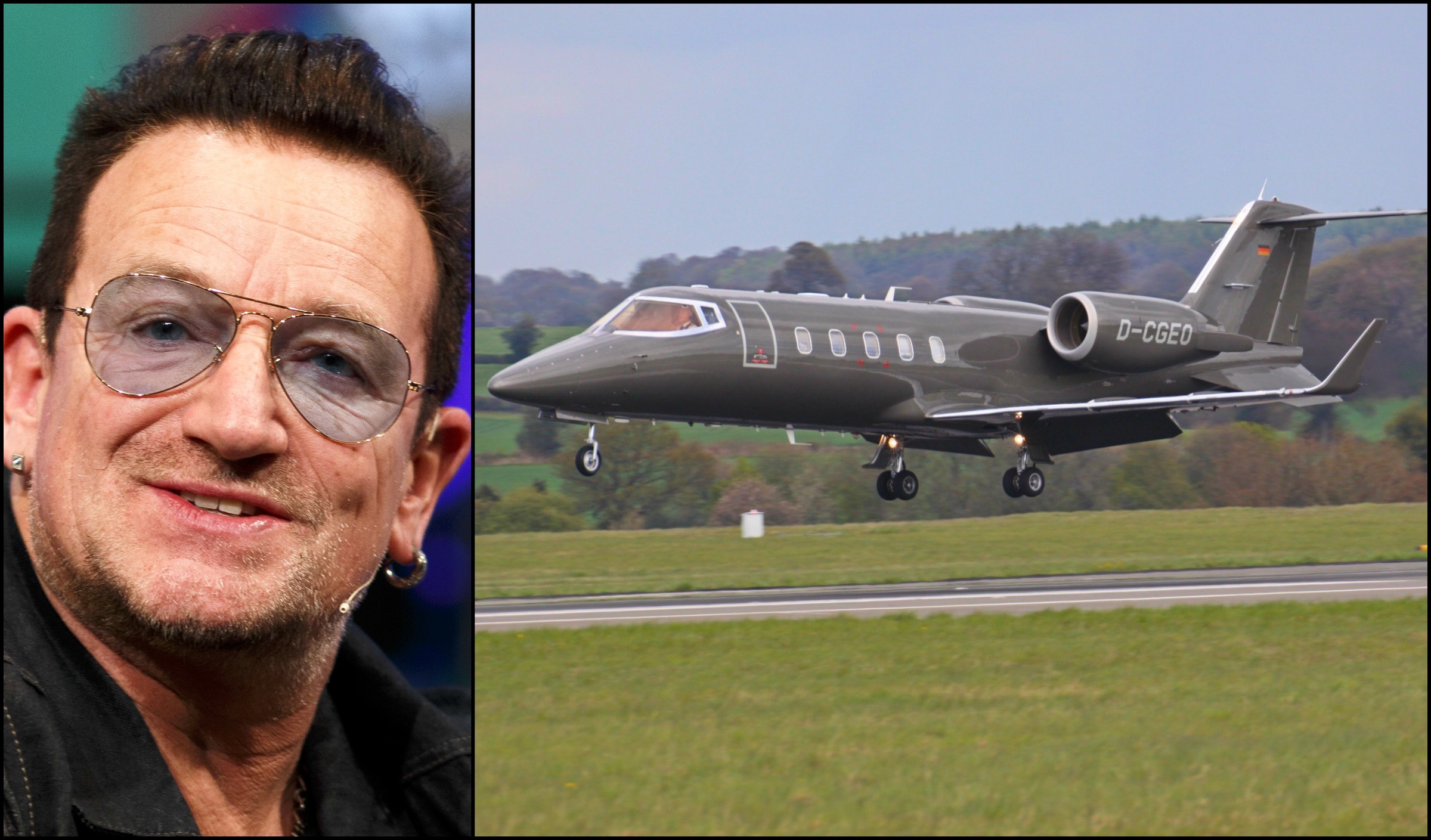 Bono Vox e um modelo Learjet 60 D-CGEO, igual ao do líder do U2. (Foto: Getty Images e David Osborn/Creative Commons)