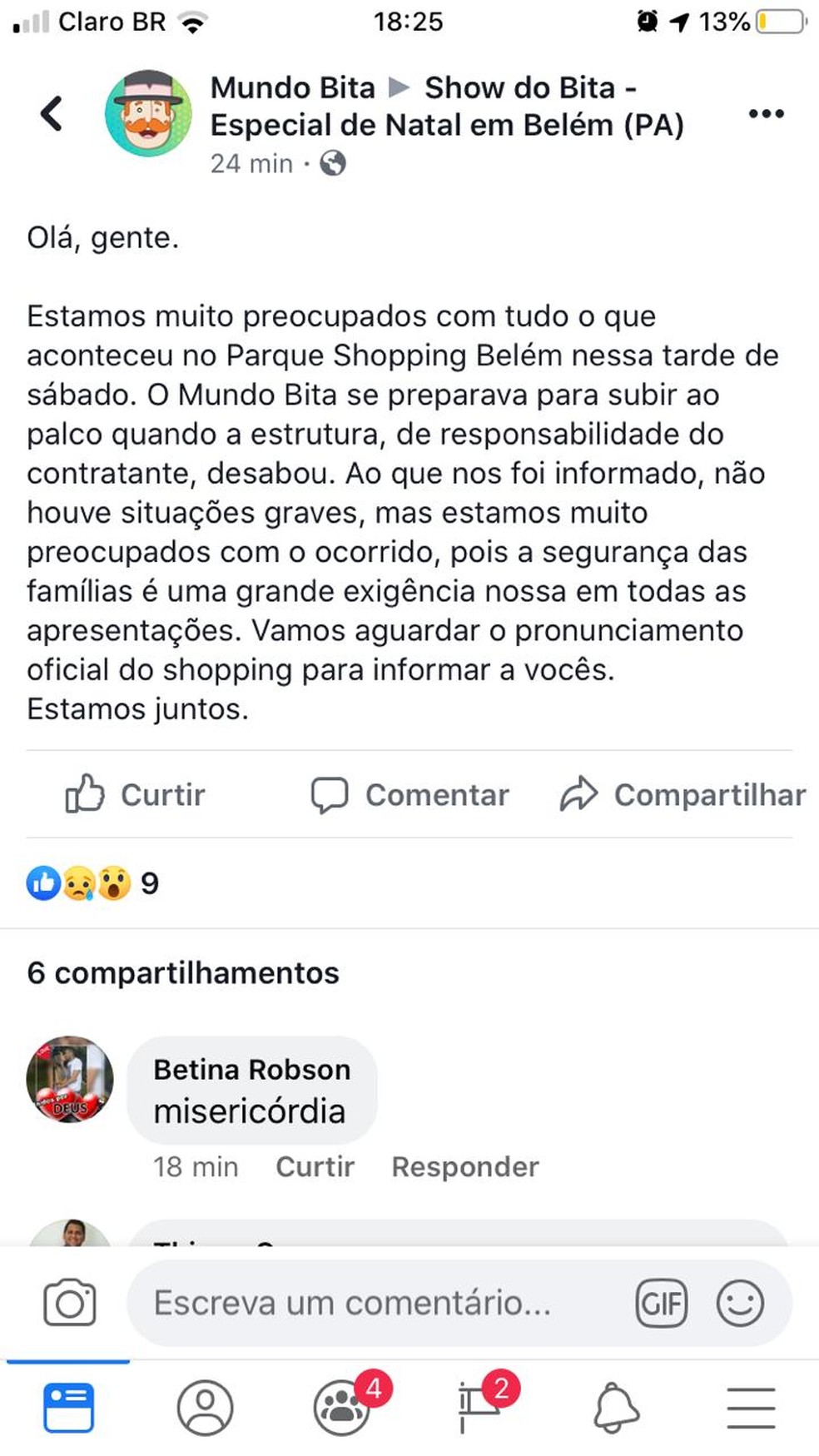 Nota do Mundo do Bita após desbamento de estrutura de show em Belém — Foto: Reprodução/Facebook