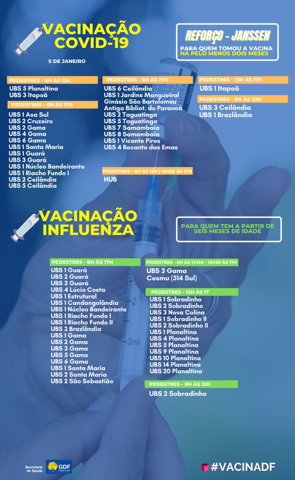 Pontos de vacinação contra Covid-19 e Influenza nesta quarta-feira (5), no DF  — Foto:  Foto: SES-DF/Reprodução