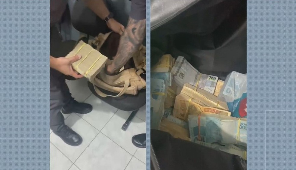Dinheiro em espécie apreendido em porta-malas durante blitz na Zona Norte de SP — Foto: Reprodução/TV Globo