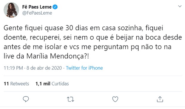 Fernanda Paes Leme brinca sobre falta de beijo na boca em meio à pandemia (Foto: Reprodução/Twitter)