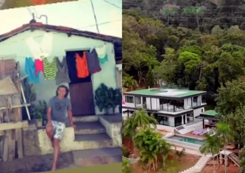 David Brazil em sua primeira casa (à esquerda) e agora na mansão (à direita) (Foto: Reprodução/Instagram )