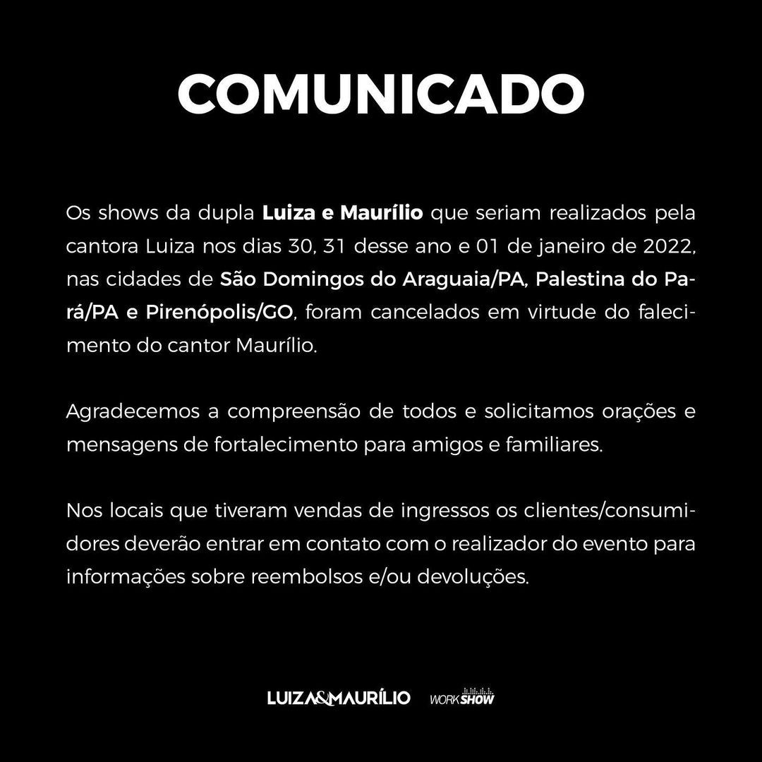 Shows de Luiza são cancelados após morte de Maurílio (Foto: Reprodução/Instagram)