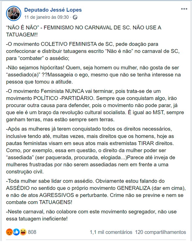 Comentários machistas do deputado Jessé Lopes, do PSL-SC (Foto: Reprodução/Facebook)