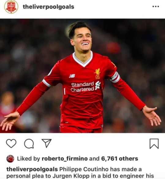 O post de uma conta de fãs do Liverpool cogitando o retorno de Philippe Coutinho à equipe e que recebeu a curtida de Roberto Firmino (Foto: Instagram)