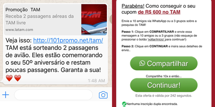 Golpe usa Latam para enganar usuários do WhatsApp (Foto: Reprodução/Fábio Assolini)