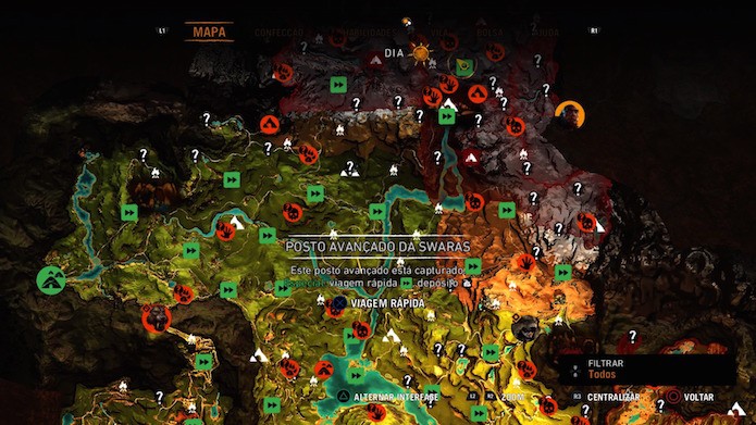 Far Cry Primal: pontos de viagem rápida são destacados em verde no mapa (Foto: Reprodução/Victor Teixeira)
