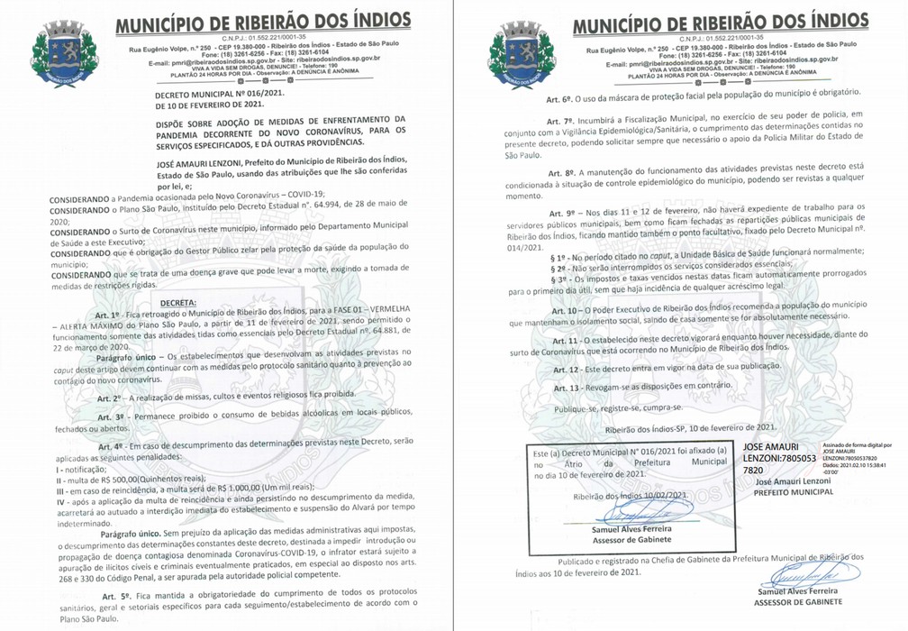 Decreto da Prefeitura colocou Ribeirão dos Índios na fase vermelha, de alerta máximo, do Plano São Paulo — Foto: Reprodução