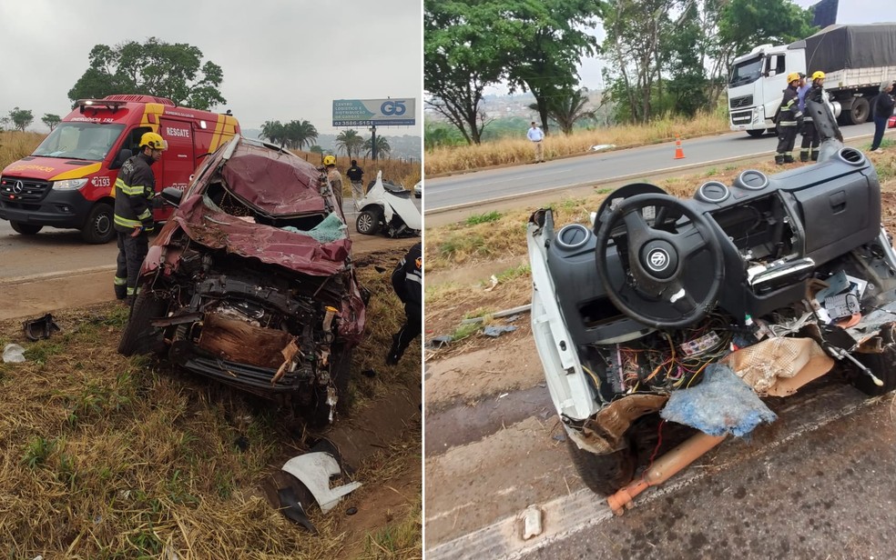 Carro fica partido em acidente na BR-153 — Foto: Corpo de Bombeiros/Divulgação