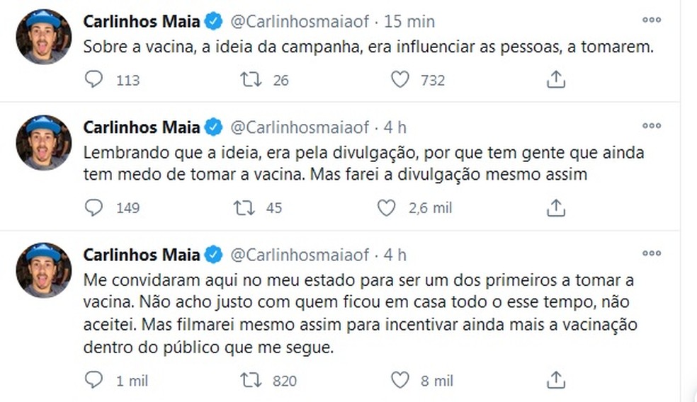 Carlinhos Maia diz no Twitter que foi convidado para aplicação de dose da CoronaVac em Alagoas — Foto: Reprodução/Twitter