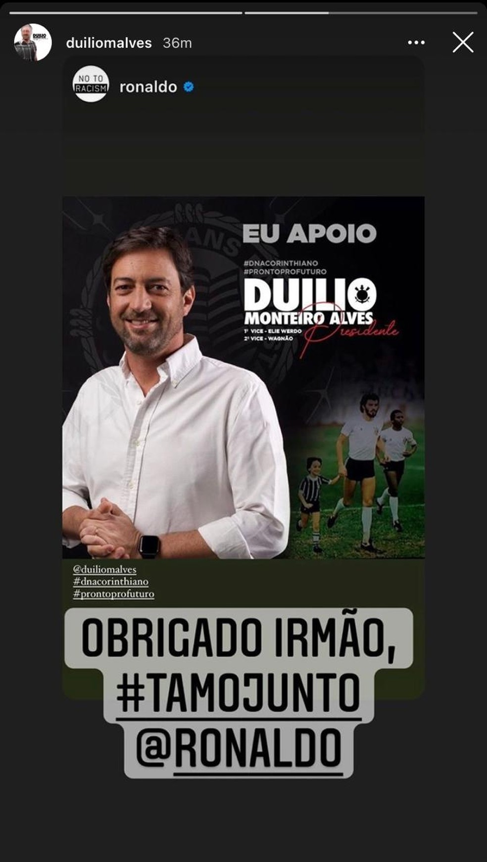 Duílio Monteiro Alves compartilha mensagem de Ronaldo nas redes sociais — Foto: Divulgação