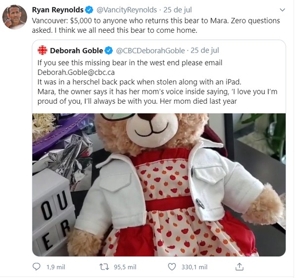 Ryan Reynolds pede ajuda aos seus seguidores para ajudar mulher que teve um urso de pelúcia roubado na cidade de Vancouver, no Canadá (Foto: Twitter)
