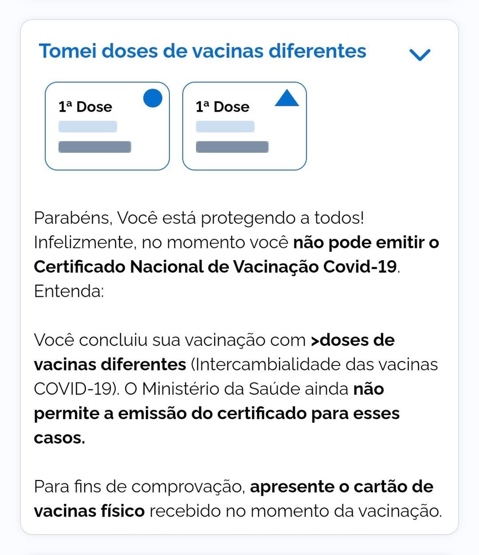 O Conecte SUS, aplicativo oficial do Ministério da Saúde, passou a exibir um alerta para oficializar que os brasileiros que tomaram mix de vacinas não podem emitir o Certificado Nacional de Vacinação Covid-19. — Foto: Reprodução