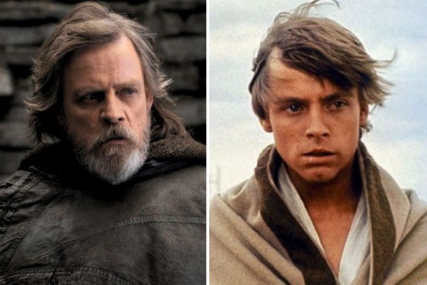 O ator Mark Hamill como o herói Luke Skywalker de Star Wars em Os Últimos Jedi (2017) e Uma Nova Esperança (1977) (Foto: Reprodução)