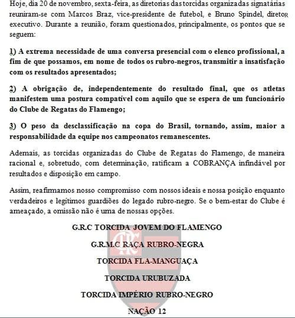 Nota das torcidas organizadas do Flamengo — Foto: Reprodução
