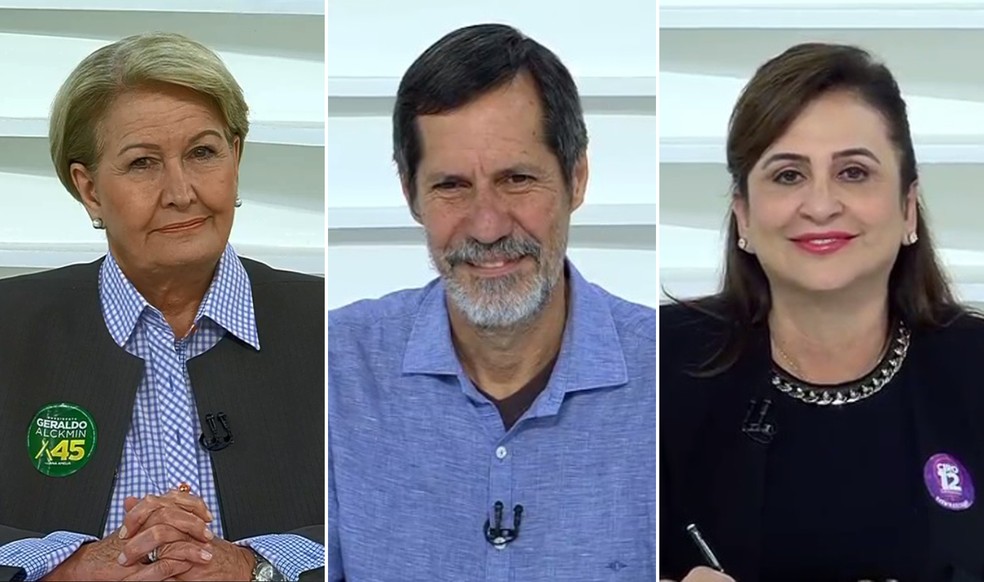 Candidatos a vice-presidente participaram de debate na TV Cultura; da esquerda para a direita, por ordem alfabética: Ana Amélia (PP), Eduardo Jorge (PV) e Kátia Abreu (PDT) — Foto: Reprodução