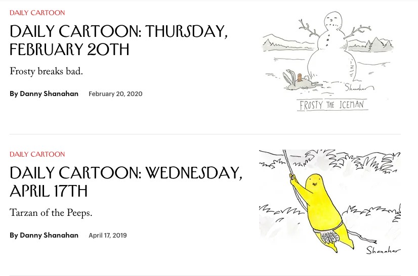 Duas das colaborações mais recentes do cartunista Danny Shanahan com a revista New Yorker (Foto: Reprodução)