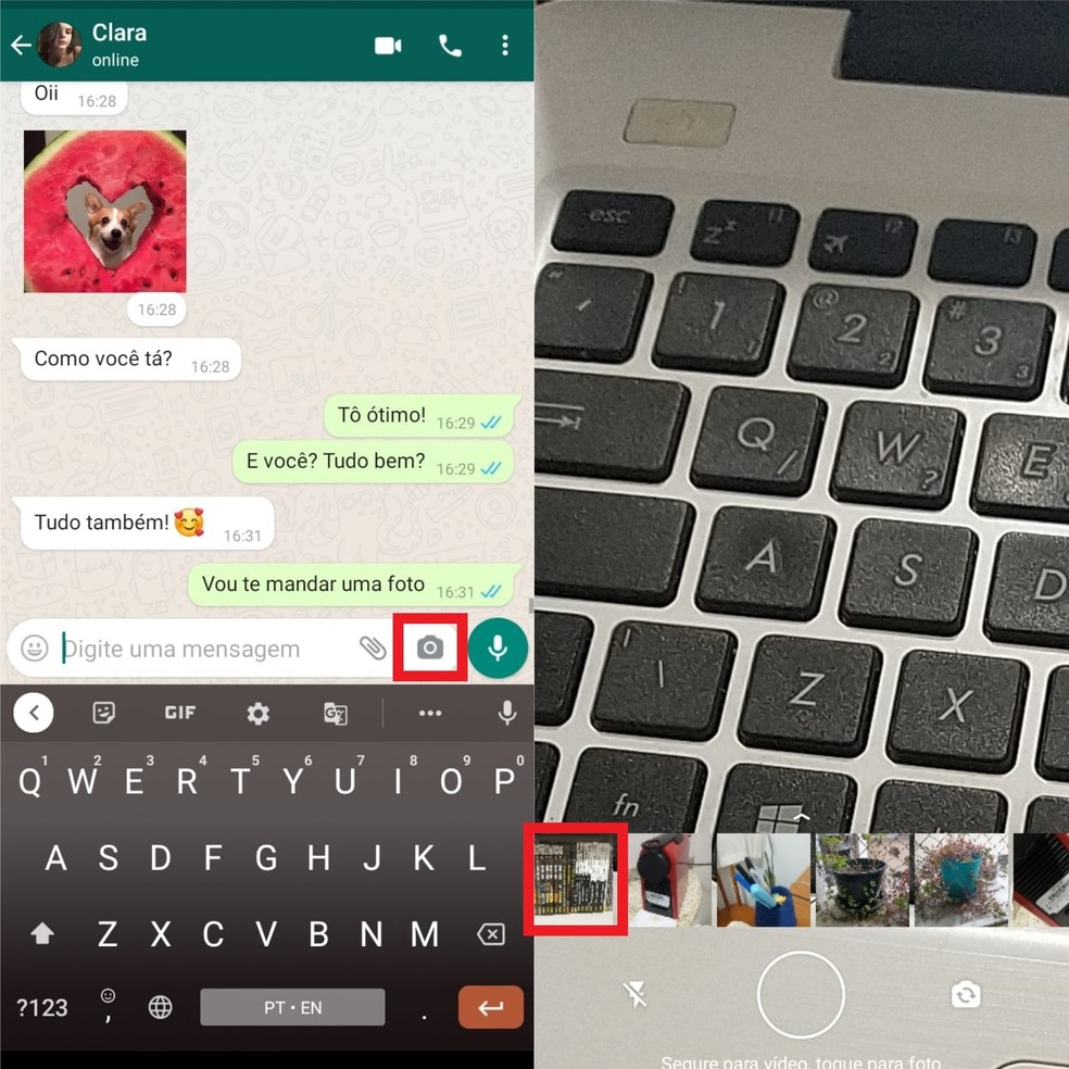 Toque sobre o ícone de câmera e selecione a imagem para enviar uma foto pelo WhatsApp — Foto: Reprodução/Clara Fabro