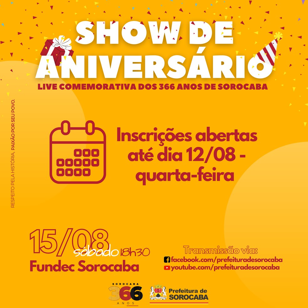 Live em comemora&ccedil;&atilde;o ao anivers&aacute;rio de Sorocaba acontece neste s&aacute;bado &mdash; Foto: Divulga&ccedil;&atilde;o/Prefeitura de Sorocaba