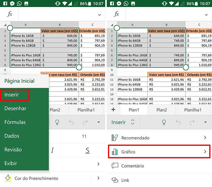 Usuário deve selecionar guia Inserir para criar gráficos no Excel para Android (Foto: Reprodução/Elson de Souza)