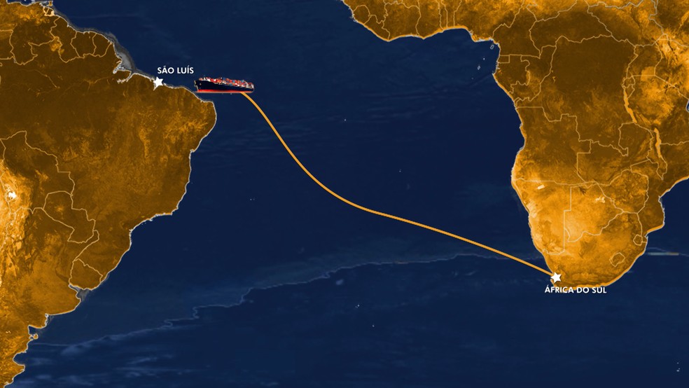 Rota do navio Shandong da Zhi, da África do Sul até São Luís/MA — Foto: Arte/TV Mirante