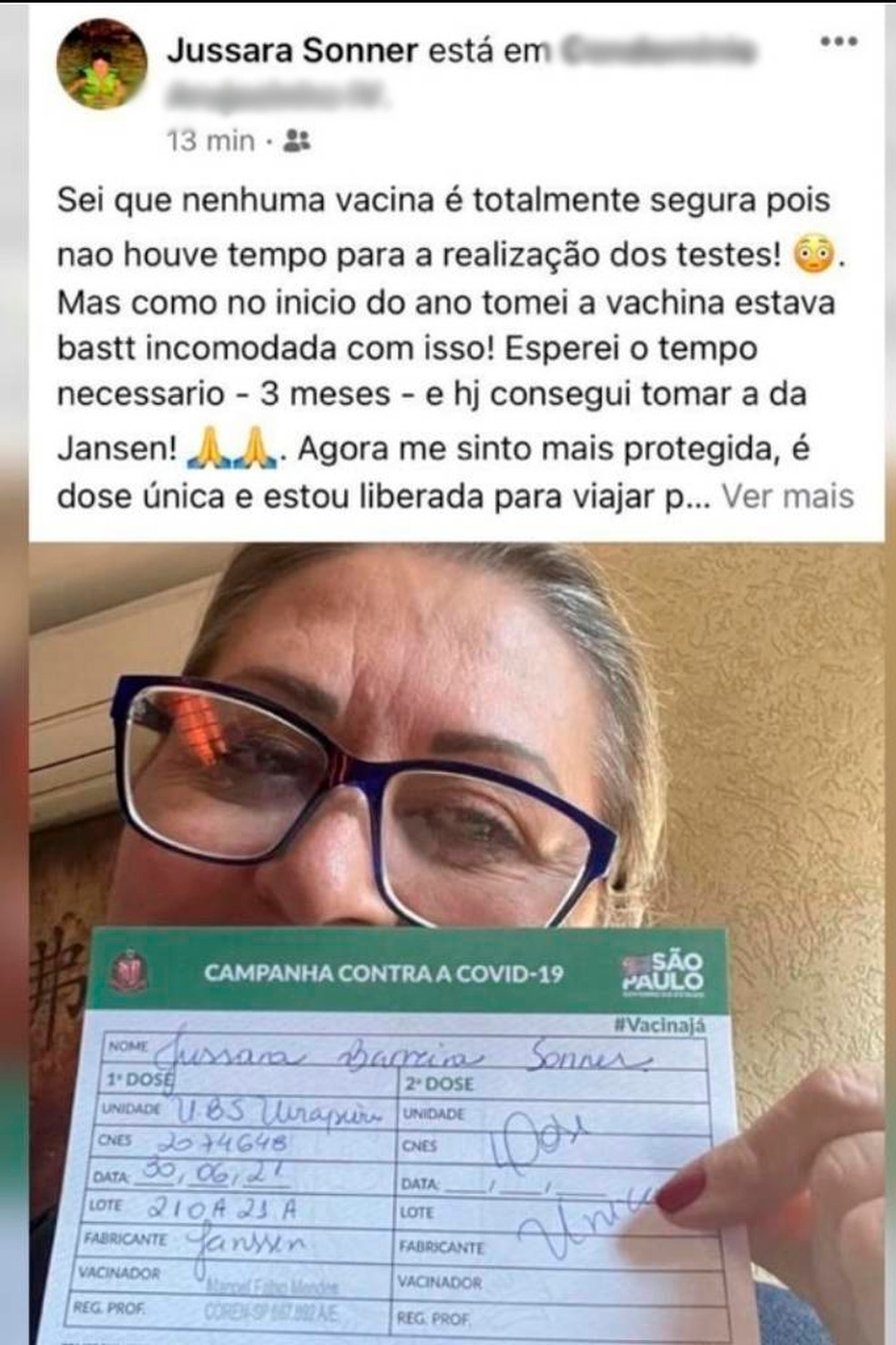 Jussara Sonner exibiu nas redes sociais cartão que comprova a terceira dose da vacina tomada por ela em Guarulhos, na Grande SP. — Foto: Reprodução/ Redes Sociais