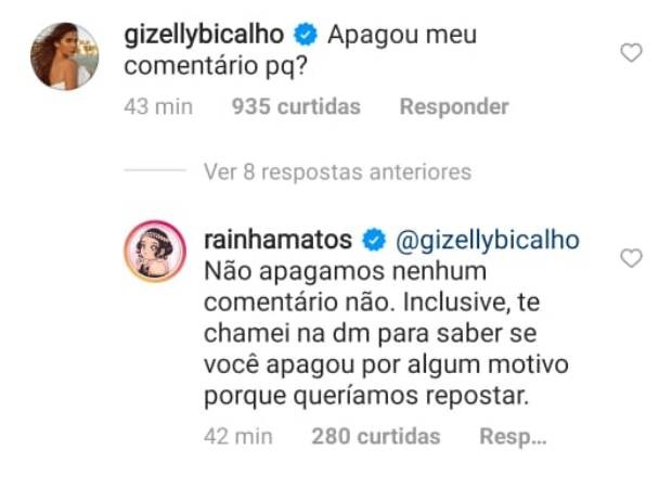 Rainha Matos nega que apagou comentário de Gizelly Bicalho (Foto: Reprodução/Instagram)
